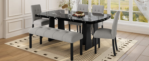 English Elm 6 Piece Dining Set with Rectangular Solid Wood Table, Upholstered Chairs & Bench, Rustic Charm, Easy Assembly, Seats 6 Black+ Gray N752S000011B