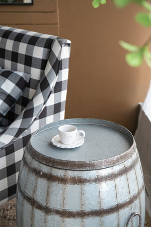 English Elm 22.5x22.5x26" Drum Side Table — Galvanized Gray Rustic Storage Drum with Removable Tray Lid & Rivet Accent W2078P324201