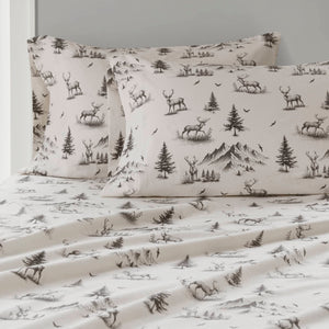 English Elm 3 Pcs Cozy Twin Sheet Set - Gray Deer Toile Pattern, Soft 100% Cotton Flannel For Year-Round Comfort B035P319771