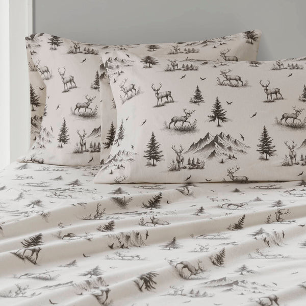 English Elm 4 Pcs King Sheet Set - Cozy Gray Deer Toile Flannel For Ultimate Comfort & Woodland Charm B035P319774