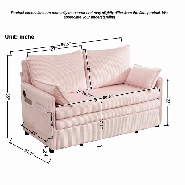 English Elm 55"convertible Corduroy Sofa Bed with Usb Port and Side Pockets for Small Apartments Pink W3373P405039
