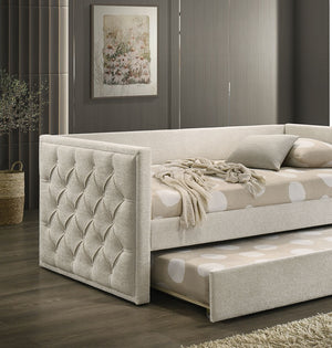 English Elm Transitional Twin Daybed with Diamond Tufted Back and Wood Trim, Versatile Seating & Sleeping Solution Beige 44 L x 39 W x 9 H B2741S00664