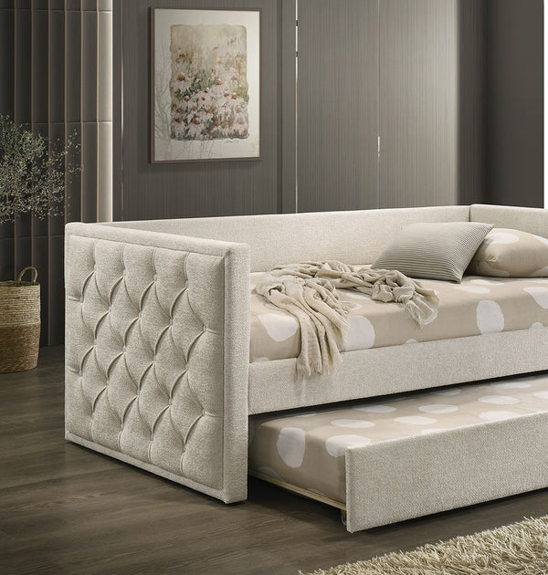 English Elm Transitional Twin Daybed with Diamond Tufted Back and Wood Trim, Versatile Seating & Sleeping Solution Beige 44 L x 39 W x 9 H B2741S00664