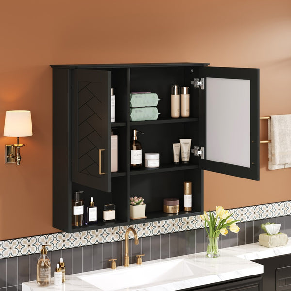 English Elm 2-in-1 Matte Wall Mounted Medicine Cabinet Soft Close Mirror Storage for Bathroom Vanity Black N710P389456B
