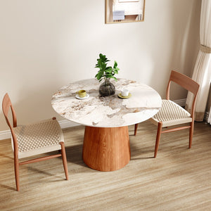 English Elm Small Round Solid Wood Pedestal Dining Table with Sintered Stone Top, Durable Family-Friendly Design T3833S00037 T3833S00037