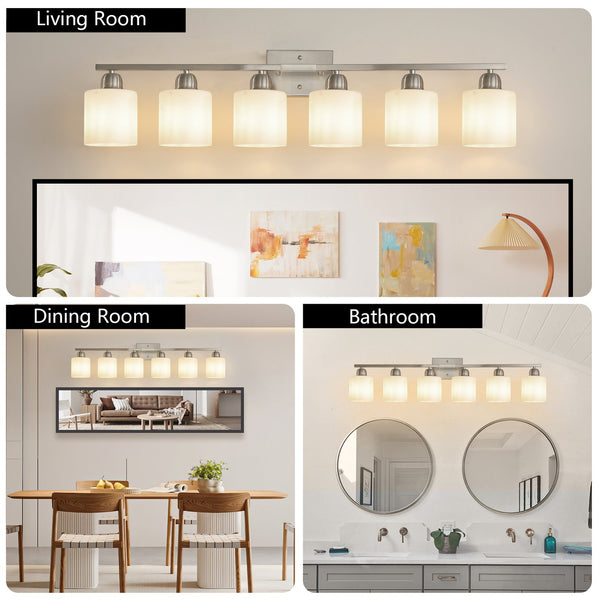 English Elm 38" 6-Light Chrome Vanity Light with Milky White Glass Shades, Dimmable Hardwired Wall Sconce for Bathroom Mirrors and Dressing Areas W2312P374853
