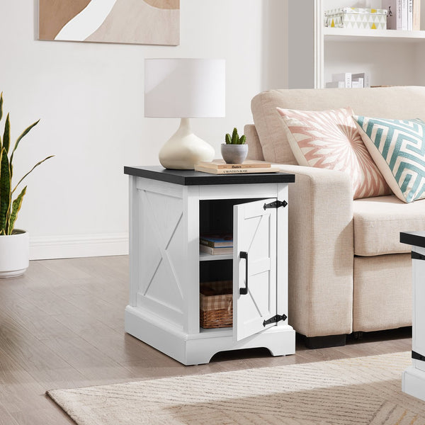 English Elm Farmhouse Rustic End Table with Barn Door Concealed Storage, Metal Handle, Retro Decor, Sturdy Base White+Black W2275P192793
