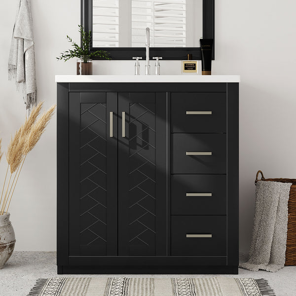 English Elm 30'' Bathroom Vanity With Ceramic Sink - Retro Freestanding Storage Cabinet, Soft-Close Drawers & Doors N710P191947B