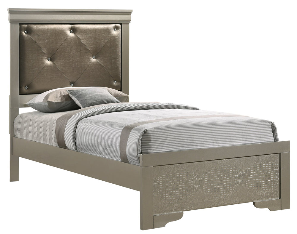 English Elm Elegant Silver Champagne Twin Bed Frame — Sturdy Particle Board, 53"H x 44"W x 80"D, Timeless Transitional Style, Easy Assembly B078S00443