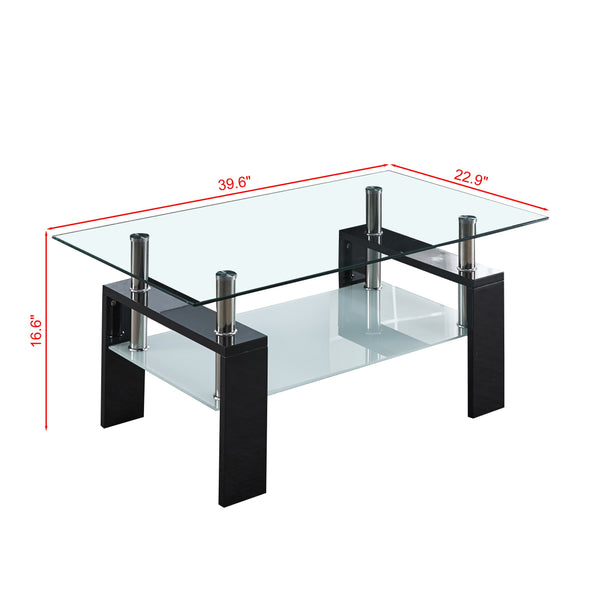 English Elm Artisan Contemporary Center Coffee Table with Tempered Glass Tops, Stainless Legs, 2-Tier Storage, Safe Black W1311P146027