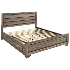 English Elm Carbon Washed Taupe Panel Storage Bed California King with Slatted Frame, Built-In Drawers, Rustic Modern Elegance B062S00688