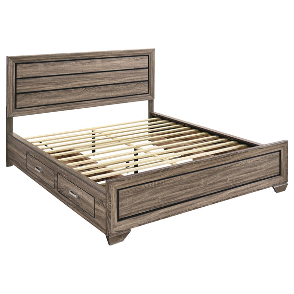 English Elm Carbon Washed Taupe Panel Storage Bed California King with Slatted Frame, Built-In Drawers, Rustic Modern Elegance B062S00688