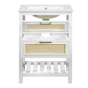 English Elm 24" Rattan Front Bathroom Vanity with Ceramic Sink Deep Drawer Storage Mdf Cabinet White N710P293990K