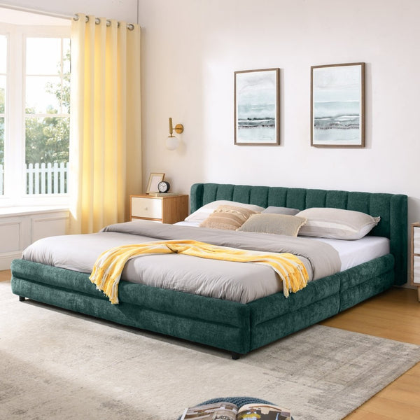 English Elm King Chenille Upholstered Platform Bed with Storage Drawers and Structured Headboard Blue+Green W487S00416