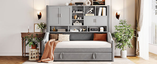 English Elm Twin Upholstered Daybed with LED Armrest Lighting, Hidden Storage Shelves & Lift-Up Pull-Out Trundle Gray SF000198AAE