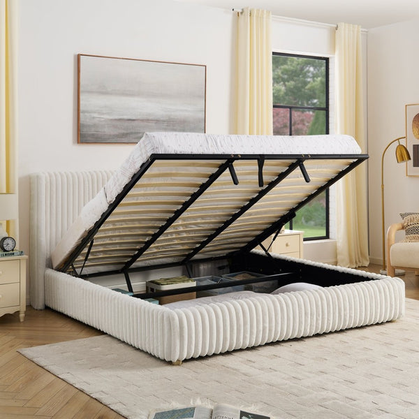 English Elm King Corduroy Upholstered Storage Bed Hydraulic Lift Ribbed Plush Cream Platform W1413S00182