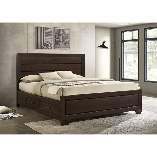 English Elm Holmgren Eastern King Storage Bed with Recessed Panel Headboard in Dark Cocoa Wood B062S01811