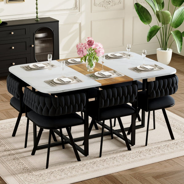 English Elm 7-piece Rectangular Dining Set Faux Marble Velvet Chairs Modern Apartment Table Black,White,Wood W3875S00134
