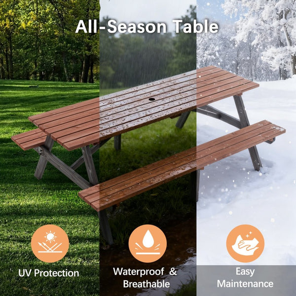 English Elm 75" Solid Fir Outdoor Picnic Table Set with Benches Two-tone Finish Heavy Duty Patio W1422P385498