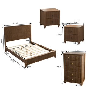English Elm 4-piece Queen Bedroom Set Walnut Fluted Wood Frame Dresser and Nightstands Included W1716S00026