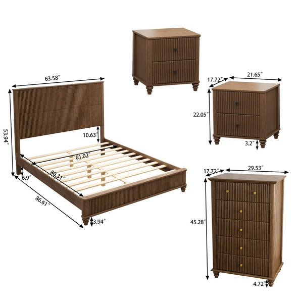 English Elm 4-piece Queen Bedroom Set Walnut Fluted Wood Frame Dresser and Nightstands Included W1716S00026