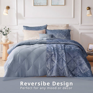 JLA Home Intelligent Design - Velvet Crushed-velvet Comforter Set with Diamond Quilting, Hypoallergenic Fill & Elegant Sheen Blue ID10-2158
