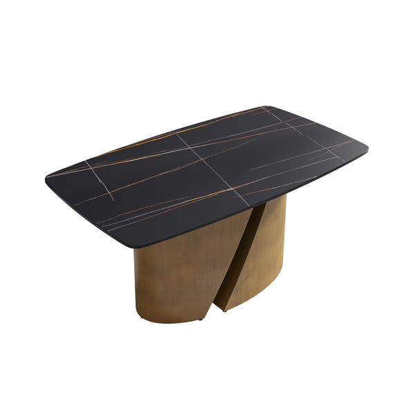 English Elm 63" Modern Sintered Stone Dining Table With Curved Black Panel And Bronze Iron Legs For 6-8 People W1535S00358