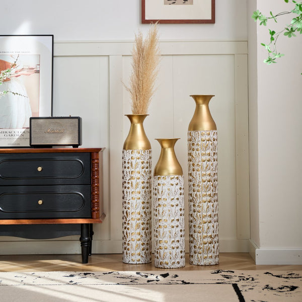English Elm Mother's Gilded White 3D Relief Flower Metal Vase Set - Elegant Tall Cylinder Décor Trio, Gold Embossed Finish W2796P277632