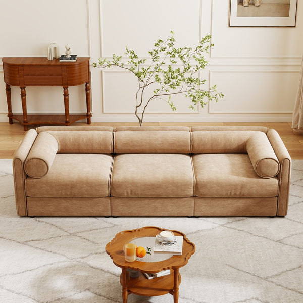 English Elm Elegant Camel Chenille Sofa - Contemporary 3-Seater With Hidden Storage, Ergonomic Design & Style W714S01227