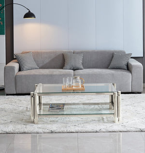 English Elm 50" Modern Stainless Steel Coffee Table with Double Tempered Glass Shelves, Industrial Chic Storage, Silver W2978S00007