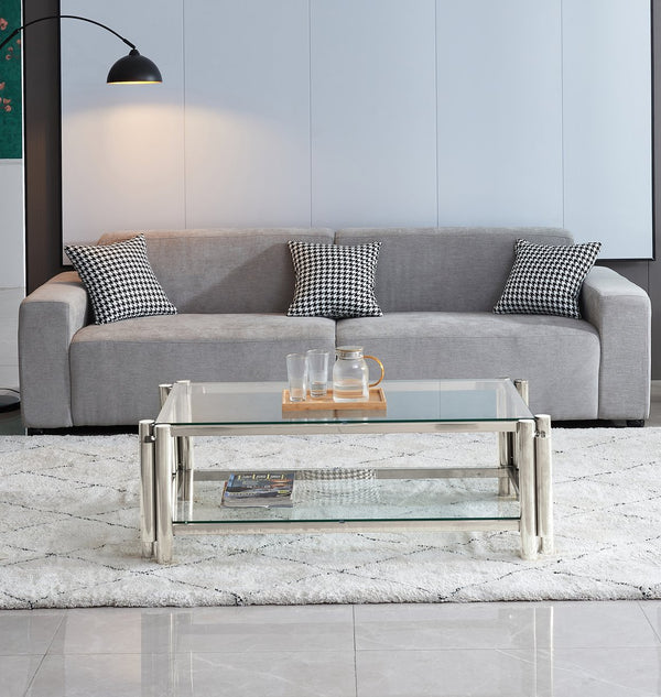 English Elm 50" Modern Stainless Steel Coffee Table with Double Tempered Glass Shelves, Industrial Chic Storage, Silver W2978S00007