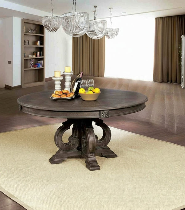 English Elm Dining Table 60 Inch Round Solid Wood Pedestal with Hand Carved Skirt and Inlay Natural+Rustic B2741P474000