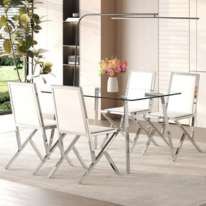 English Elm Table and Chair Set Tempered Glass Top with Silver Metal Legs Modern Luxury Dining for Four Transparent,White+Silver W1151S04788