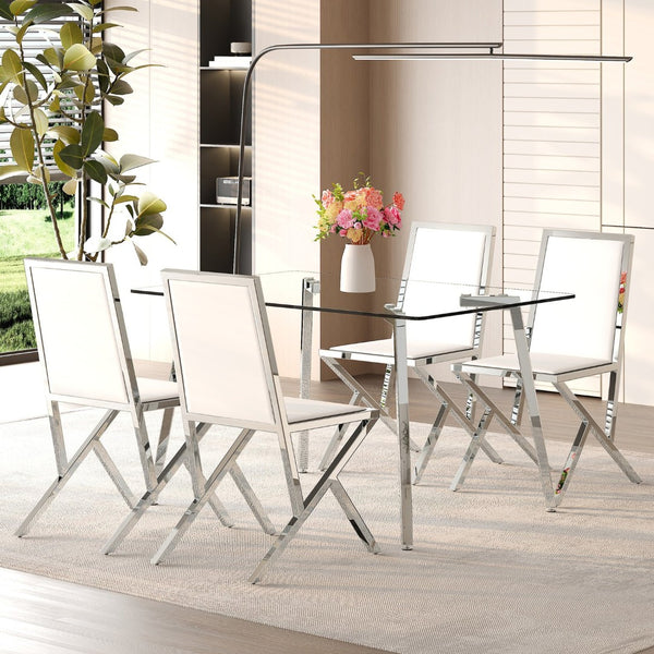 English Elm Table and Chair Set Tempered Glass Top with Silver Metal Legs Modern Luxury Dining for Four Transparent,White+Silver W1151S04788