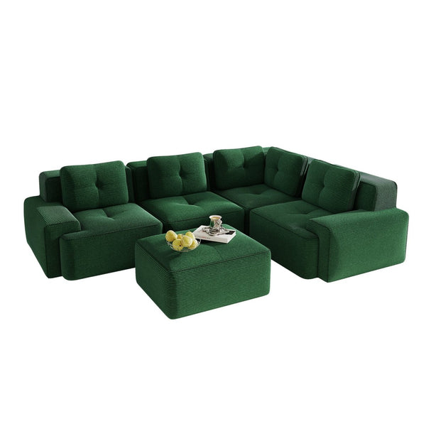 English Elm Modern Corduroy Sectional Sofa Deep Seat V Shape Tufted Couch with Movable Ottoman Green W714S01582