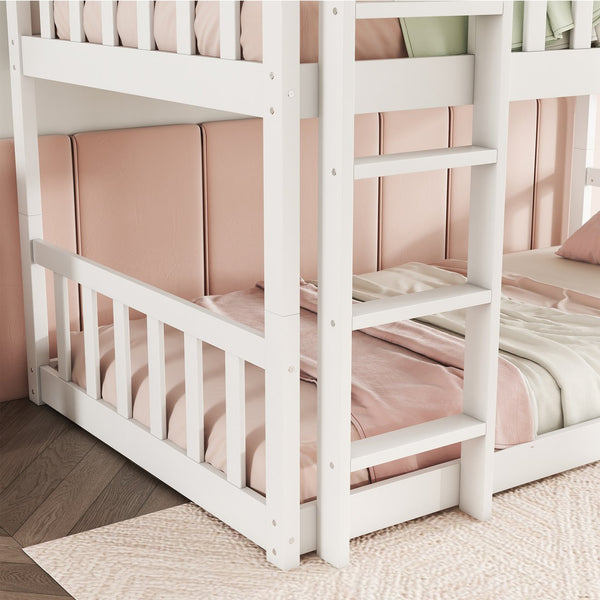 English Elm Twin Triple Rubberwood Bunk Bed with Ladders & Guardrails, Space-Saving Modular Design for Families White W504S00171