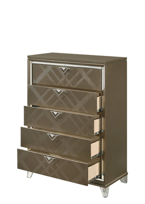 English Elm Skylar Mirrored Beveled 6-Drawer Dresser with Embossed Fronts, Acrylic Legs & Smooth Metal Glides Champagne 55 L x 20 W x 41 H B2726P261237