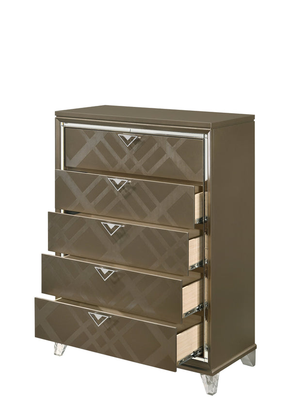 English Elm Skylar Mirrored Beveled 6-Drawer Dresser with Embossed Fronts, Acrylic Legs & Smooth Metal Glides Champagne 55 L x 20 W x 41 H B2726P261237