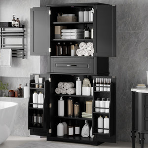 English Elm [video] Tall Matte Black Bathroom Cabinet with Drawer Adjustable Shelves and Door Racks N759P241667B