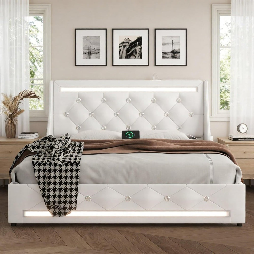 English Elm Queen Platform Bed Wingback Diamond Quilted Headboard Led Lighting Storage Drawers White W5722P462686