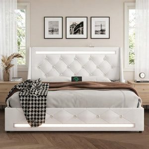 English Elm Queen Platform Bed Wingback Diamond Quilted Headboard Led Lighting Storage Drawers White W5722P462686