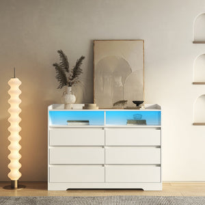 English Elm 6 Drawer Dresser with RGB LED Backlight, White Modern 6-Drawer Chest with Anti-Tip Kit for Bedroom W132166406