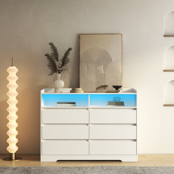 English Elm 6 Drawer Dresser with RGB LED Backlight, White Modern 6-Drawer Chest with Anti-Tip Kit for Bedroom W132166406