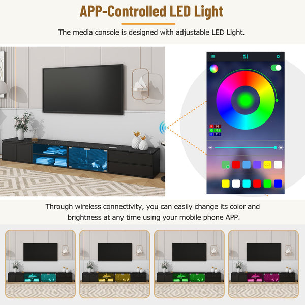 English Elm ON-TREND Modern APP-Controlled LED TV Stand for TVs up to 105" with Faux Marble Top, Tempered Glass Doors, Ample Storage, Cable Management, and High Load Capacity for Living Room Entertainment Center Black N721P171537B