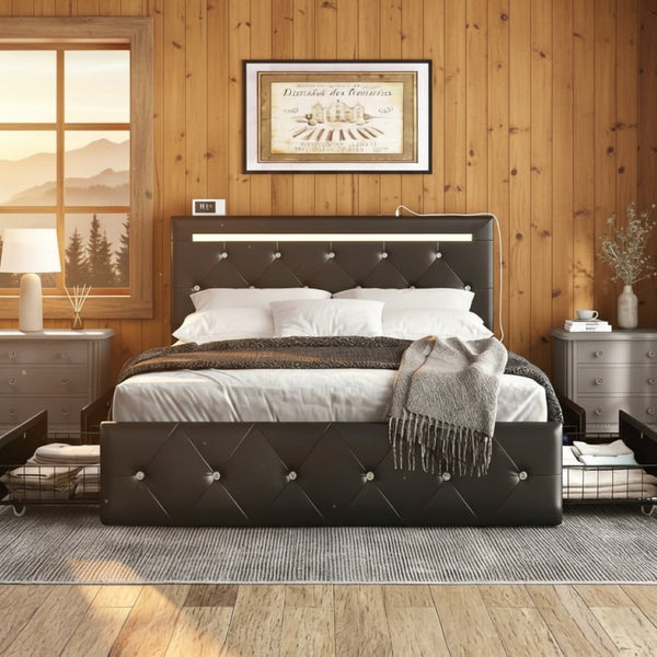 English Elm Queen Storage Bed with Led Lighting Crystal Tufted Pu Leather Headboard Charging Ports Black W5722P462463