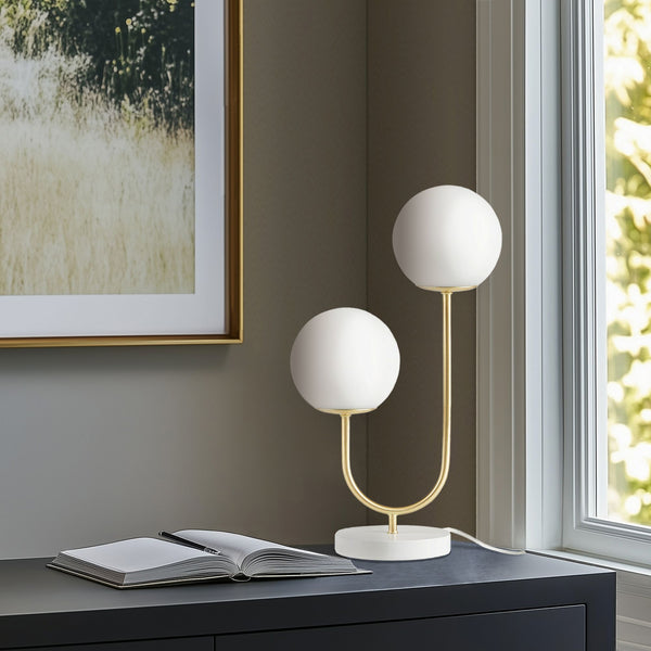 JLA Home 510 Design - Metal Sculptural 2-Light Globe Table Lamp with Frosted Glass, Gold Base, Bulbs Included, 60" Cord 5DS153-0046