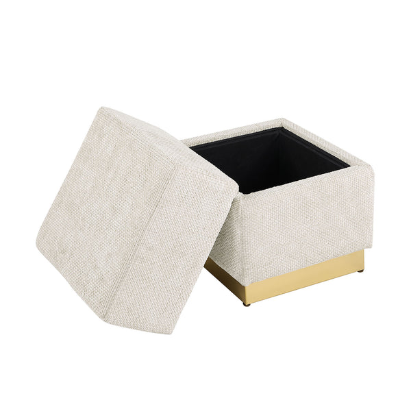 English Elm Beige Chenille Storage Stool Cube Design with Gold-Plated Stainless Base, Contemporary 15x15x19" Stylish B2741P388383