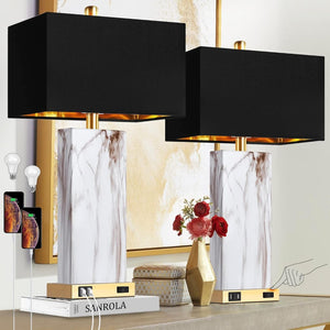English Elm Touch Dimmable Ceramic Marble Lamp Pair with Usb Charging Gold Black Shade Bedroom W3355P465374