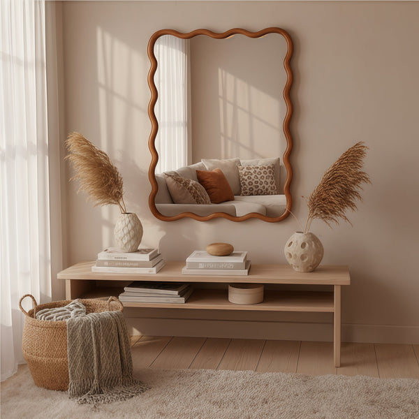 English Elm Yellowish Solid Wood 30"x40" Wavy Rectangle Mirror with Rustic Grain, Tempered Glass, Easy Installable W2203P389069