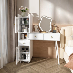 English Elm Vanity LED Mirror Dressing Table with 3 Drawers, 4 Cabinets & 3 Light Modes — White, Spacious Storage W2700P297922